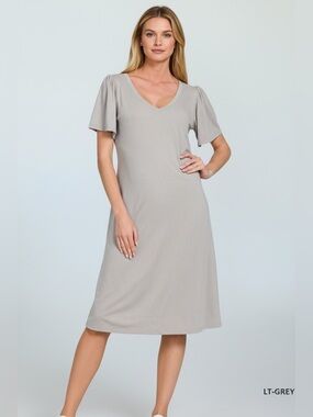 Zenana Outfitters Light Grey V-Neck Flutter Sleeve Midi Dress